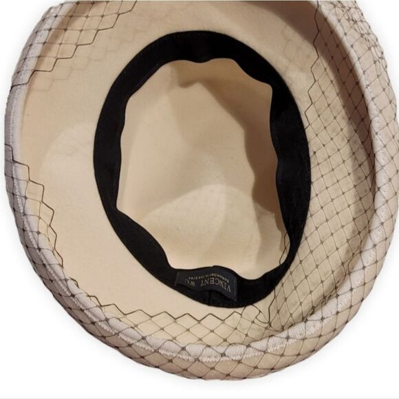 Vincent Wu Vintage Ivory Wool Derby Hat with Black Floral & Mesh Trim main image 9
